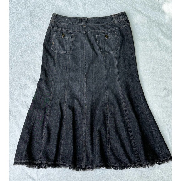Vintage Y2K Black Denim Fluted Skirt Fringe ShabbyChic Retro StreetStyle Modest - Picture 3 of 10